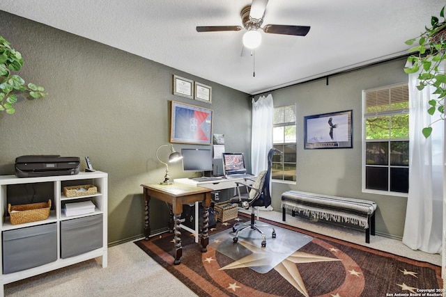 181 Foxglove, Cibolo, TX 78108 - carpeted home office featuring a textured wall, a ceiling fan, and baseboards