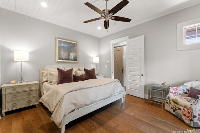 228 Cloverleaf, Alamo Heights, TX 78209 - bedroom featuring recessed lighting, wood finished floors, wooden ceiling, and a ceiling fan