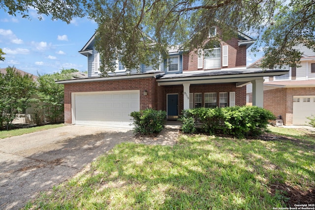 9115 Maggie Ct, San Antonio, TX 78240 - traditional-style house featuring brick siding, asphalt driveway, a garage, and a front lawn