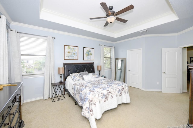 414 Aspen, San Antonio, TX 78253 - bedroom featuring a tray ceiling, light carpet, baseboards, ornamental molding, and a ceiling fan