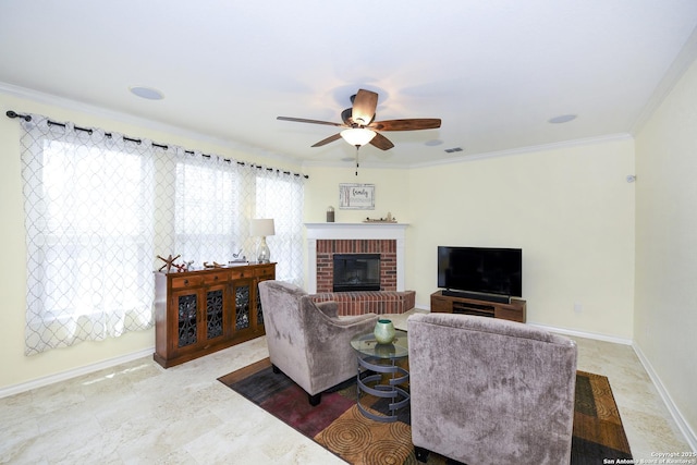 414 Aspen, San Antonio, TX 78253 - living room featuring a ceiling fan, a fireplace, baseboards, and ornamental molding