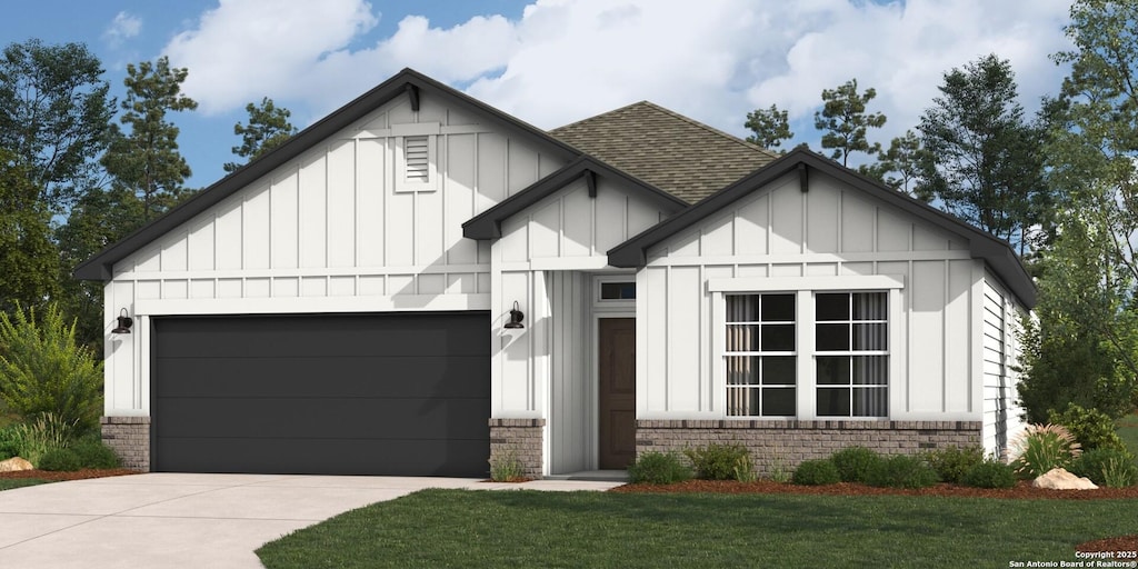 1617 La Grande Jatte, San Antonio, TX 78253 - modern farmhouse style home with brick siding, a shingled roof, board and batten siding, and a garage