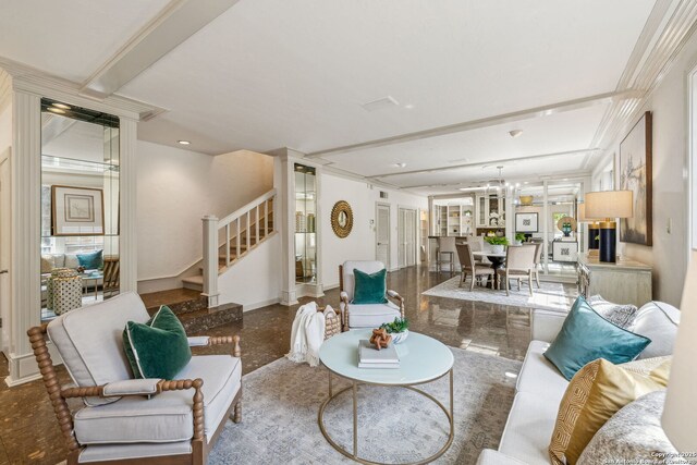 209 Chichester Pl Unit 1, San Antonio, TX 78209 - living area with stairway, a chandelier, beamed ceiling, and baseboards