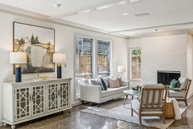 209 Chichester Pl Unit 1, San Antonio, TX 78209 - living room featuring a brick fireplace, ornamental molding, and granite floors