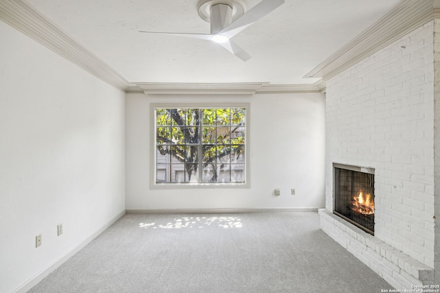 209 Chichester Pl Unit 1, San Antonio, TX 78209 - unfurnished living room with crown molding, a fireplace, carpet, ceiling fan, and baseboards