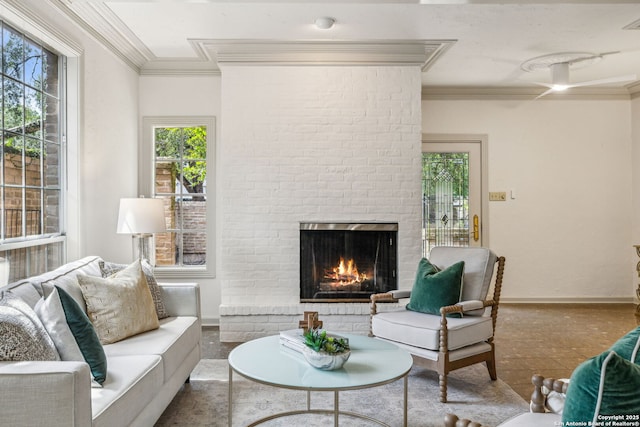 209 Chichester Pl Unit 1, San Antonio, TX 78209 - living area with a brick fireplace, plenty of natural light, baseboards, and ornamental molding