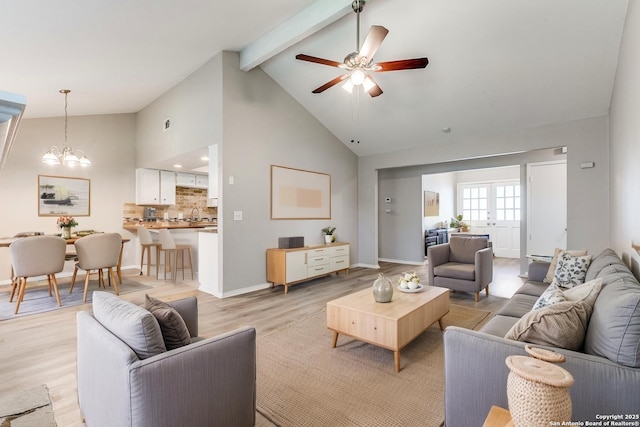 1111 Rio Linda, San Antonio, TX 78245 - living area with light wood-style flooring, high vaulted ceiling, a ceiling fan, beamed ceiling, and baseboards
