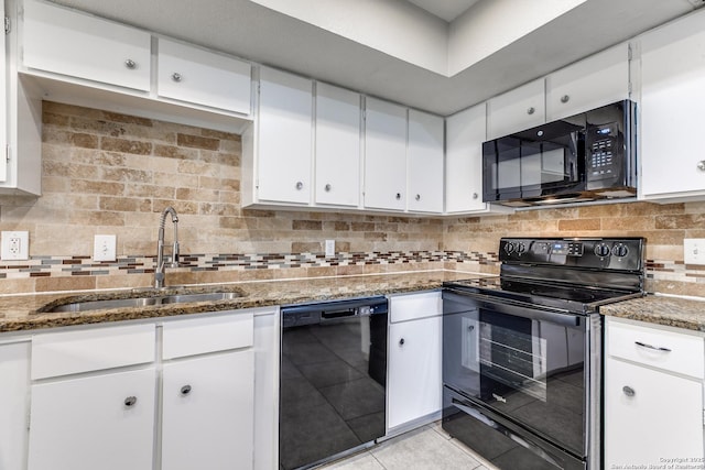 1111 Rio Linda, San Antonio, TX 78245 - kitchen featuring black appliances, a sink, stone countertops, white cabinets, and backsplash