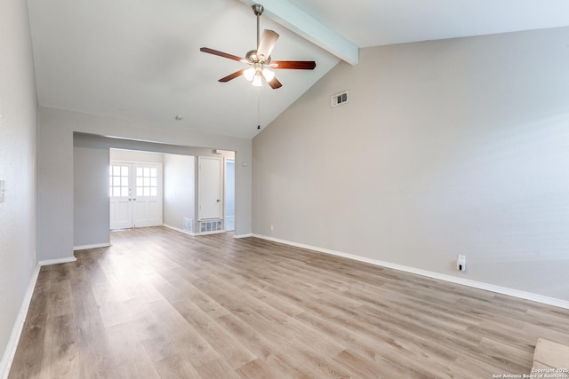 1111 Rio Linda, San Antonio, TX 78245 - unfurnished room with ceiling fan, beam ceiling, light wood finished floors, baseboards, and high vaulted ceiling
