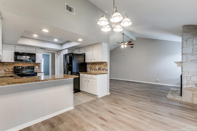 1111 Rio Linda, San Antonio, TX 78245 - kitchen with black appliances, decorative backsplash, light wood finished floors, ceiling fan, and white cabinetry