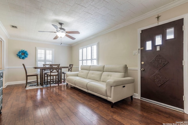 322 Pool, San Antonio, TX 78223 - living area with a ceiling fan, dark wood finished floors, crown molding, and baseboards