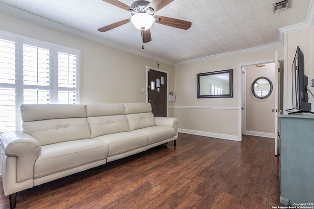 322 Pool, San Antonio, TX 78223 - living area with ornamental molding, dark wood-style flooring, a ceiling fan, and baseboards