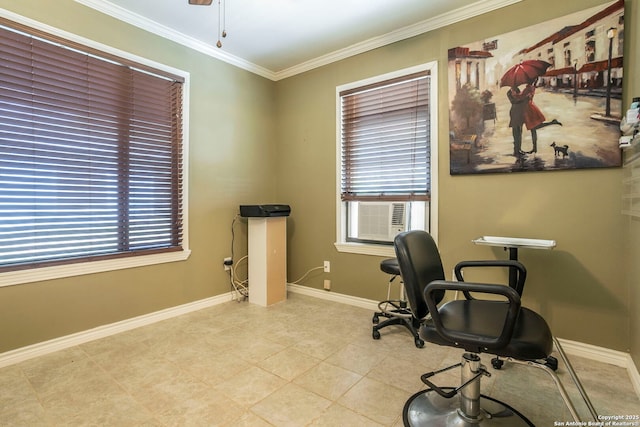 322 Pool, San Antonio, TX 78223 - office featuring ornamental molding, healthy amount of natural light, baseboards, cooling unit, and tile patterned floors