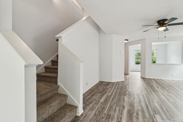 87 Kenrock Rdg, San Antonio, TX 78254 - stairway with a ceiling fan, wood finished floors, and baseboards