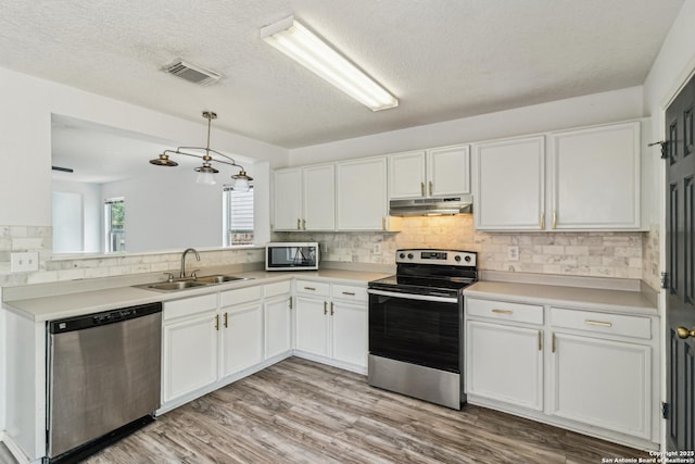87 Kenrock Rdg, San Antonio, TX 78254 - kitchen featuring appliances with stainless steel finishes, under cabinet range hood, a sink, white cabinets, and tasteful backsplash