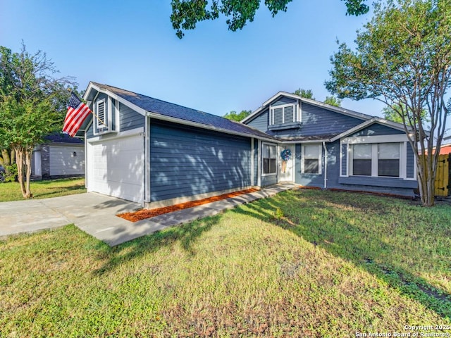 7363 Longing Trl, San Antonio, TX 78244 - ranch-style house featuring concrete driveway, a front lawn, and a garage