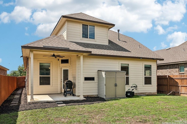9010 La Junta, San Antonio, TX 78254 - rear view of property featuring a ceiling fan, a patio area, and roof with shingles