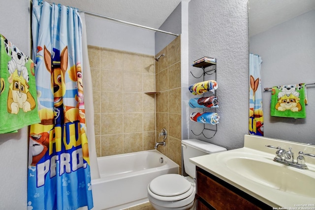 12535 Panola Way, San Antonio, TX 78253 - full bathroom with a textured wall, shower / bath combo, vanity, and toilet