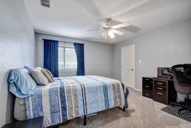 12535 Panola Way, San Antonio, TX 78253 - bedroom featuring light carpet, an office area, a ceiling fan, and a textured wall