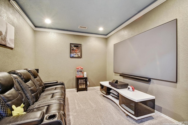12535 Panola Way, San Antonio, TX 78253 - carpeted cinema room featuring a textured wall, ornamental molding, baseboards, and recessed lighting