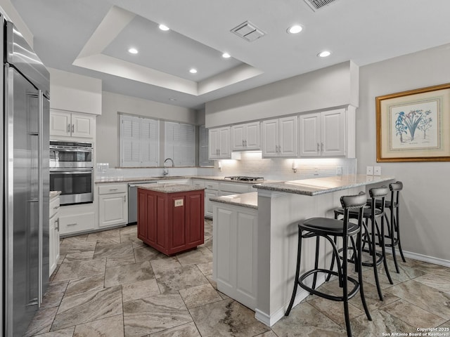 16 Cheshire, San Antonio, TX 78218 - kitchen with appliances with stainless steel finishes, a peninsula, a tray ceiling, backsplash, and white cabinets