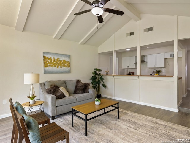 1005 N N, Universal City, TX 78148 - living room featuring wood finished floors, a ceiling fan, beam ceiling, baseboards, and high vaulted ceiling
