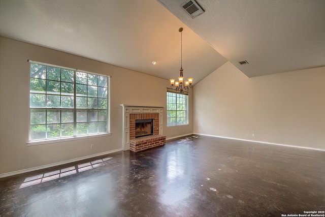 1510 Kingsbridge, San Antonio, TX 78253 - unfurnished living room with a chandelier, lofted ceiling, baseboards, concrete flooring, and a brick fireplace
