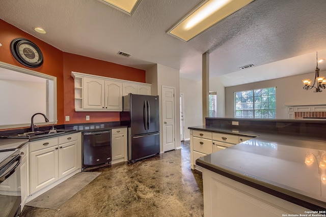 1510 Kingsbridge, San Antonio, TX 78253 - kitchen with black appliances, dark countertops, concrete floors, white cabinetry, and a textured ceiling