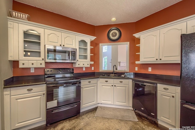 1510 Kingsbridge, San Antonio, TX 78253 - kitchen with black appliances, a sink, open shelves, dark countertops, and a textured ceiling