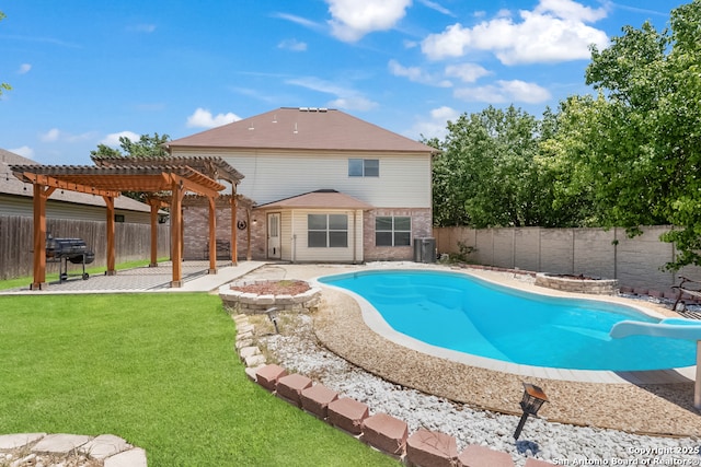9503 Marshall Pt, San Antonio, TX 78240 - view of swimming pool featuring a pergola, a patio area, grilling area, a water slide, and central AC unit