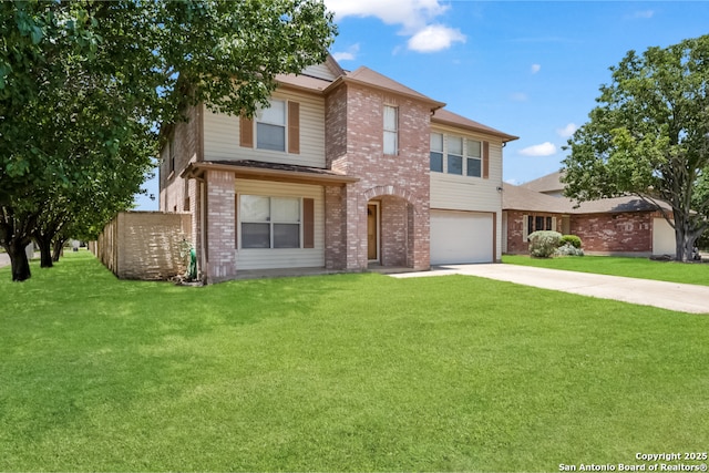 9503 Marshall Pt, San Antonio, TX 78240 - traditional-style home with driveway, brick siding, an attached garage, and a front yard