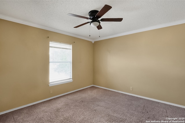 9503 Marshall Pt, San Antonio, TX 78240 - carpeted spare room featuring a textured ceiling, ceiling fan, crown molding, and baseboards