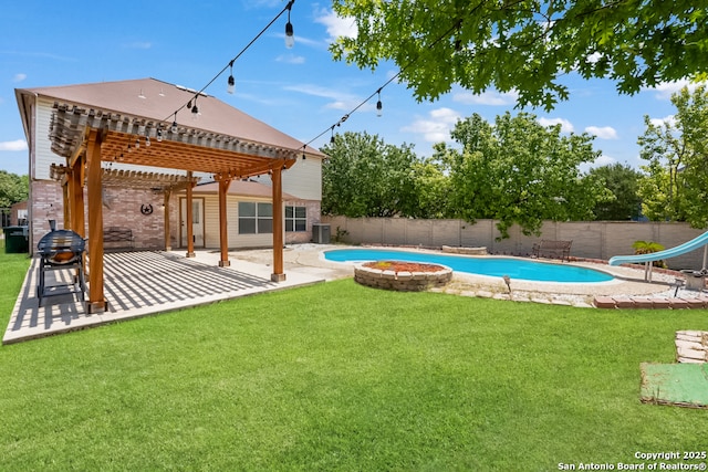 9503 Marshall Pt, San Antonio, TX 78240 - view of pool with a water slide, a pergola, a patio, and central AC
