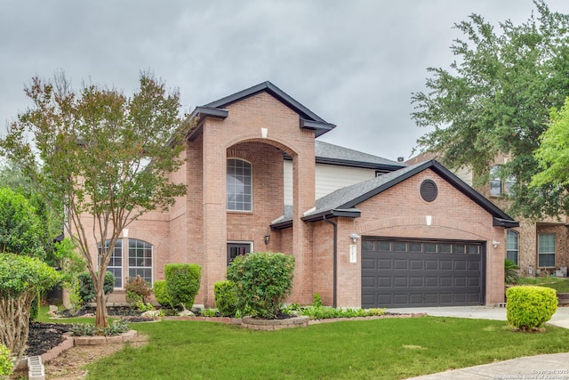 12031 Wellstone, San Antonio, TX 78249 - traditional-style home featuring brick siding, a front lawn, a garage, and driveway