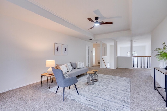 12031 Wellstone, San Antonio, TX 78249 - living area with a ceiling fan, carpet flooring, and baseboards