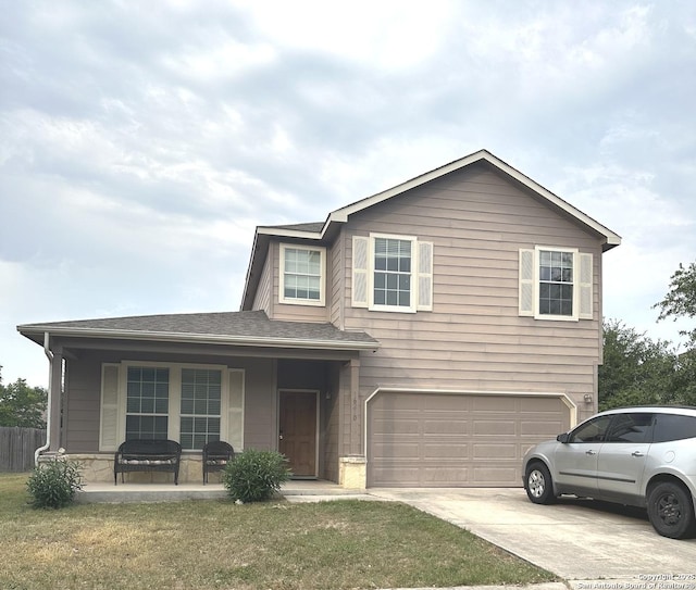16210 Raceway Downs, Selma, TX 78154 - view of front of property with a garage, concrete driveway, a porch, and a shingled roof