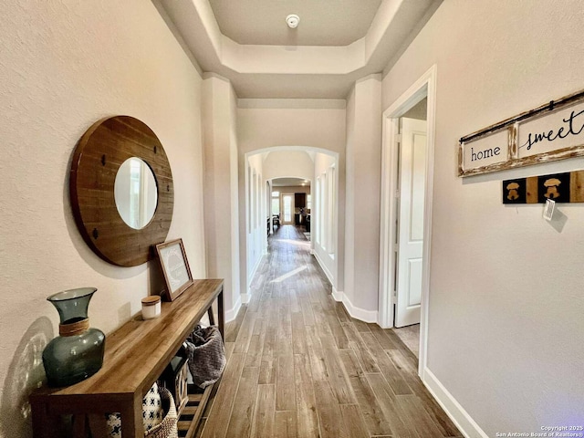 251 Burning Star Blvd, Castroville, TX 78009 - hall featuring arched walkways, wood finished floors, a tray ceiling, and baseboards