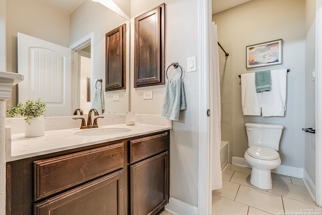 2714 Trailmont Dr, San Antonio, TX 78253 - full bathroom with vanity, toilet, tile patterned flooring, shower / tub combo with curtain, and baseboards