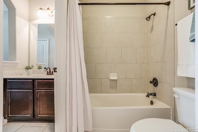 2714 Trailmont Dr, San Antonio, TX 78253 - full bathroom featuring toilet, shower / bath combo with shower curtain, vanity, and tile patterned floors