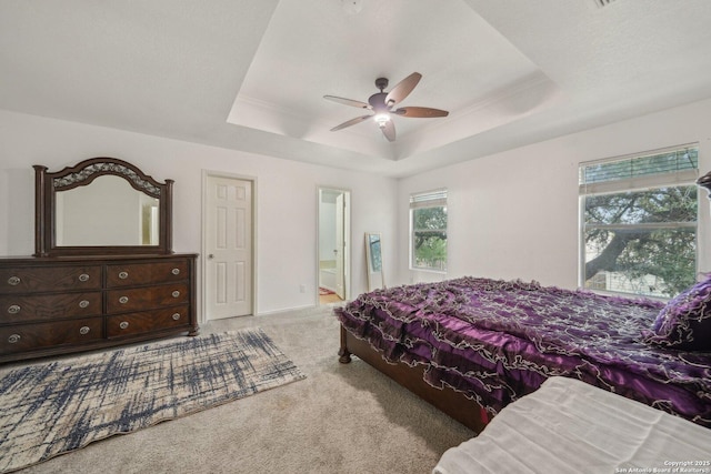 5815 Trent, San Antonio, TX 78249 - carpeted bedroom featuring a raised ceiling, connected bathroom, and a ceiling fan