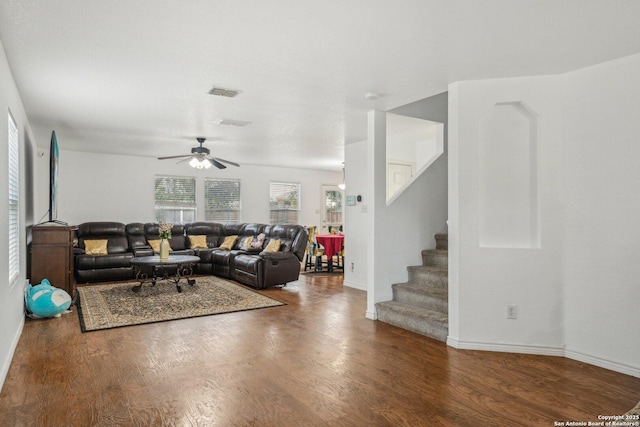 5815 Trent, San Antonio, TX 78249 - living room with a ceiling fan, stairway, wood finished floors, and baseboards