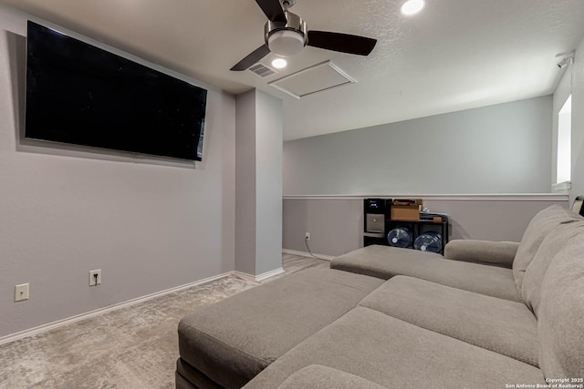 20827 Foothill Pne, San Antonio, TX 78259 - home theater featuring a ceiling fan, carpet, and baseboards