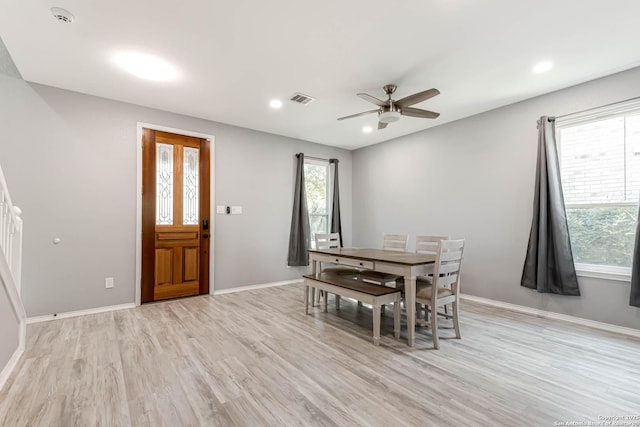 20827 Foothill Pne, San Antonio, TX 78259 - dining area with light wood-style flooring, ceiling fan, baseboards, and recessed lighting