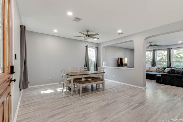 20827 Foothill Pne, San Antonio, TX 78259 - dining room with a ceiling fan, baseboards, light wood-style floors, and recessed lighting