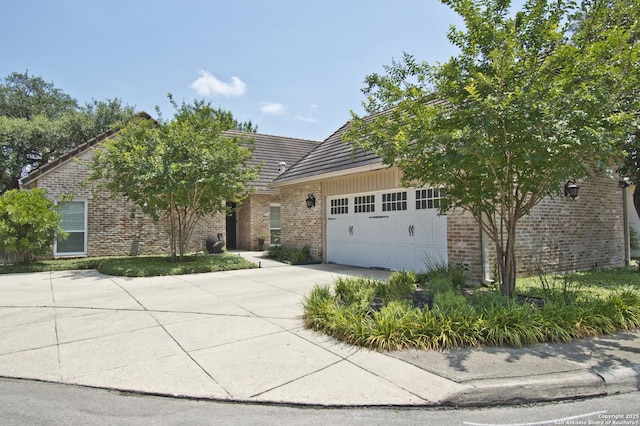 8 Kensington Ct, San Antonio, TX 78218 - view of property hidden behind natural elements with concrete driveway, a garage, brick siding, and a tile roof