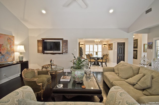 8 Kensington Ct, San Antonio, TX 78218 - living room with vaulted ceiling, a chandelier, baseboards, recessed lighting, and ceiling fan