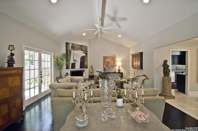 8 Kensington Ct, San Antonio, TX 78218 - dining area featuring ceiling fan, lofted ceiling, recessed lighting, and french doors