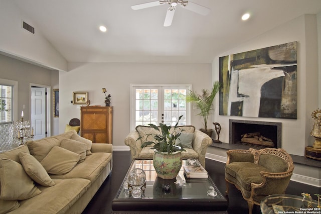 8 Kensington Ct, San Antonio, TX 78218 - living room with vaulted ceiling, recessed lighting, a ceiling fan, and baseboards