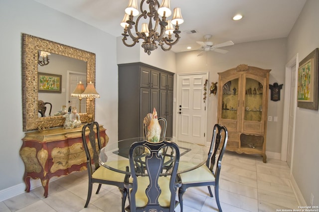 8 Kensington Ct, San Antonio, TX 78218 - dining area featuring a chandelier, baseboards, a ceiling fan, and recessed lighting