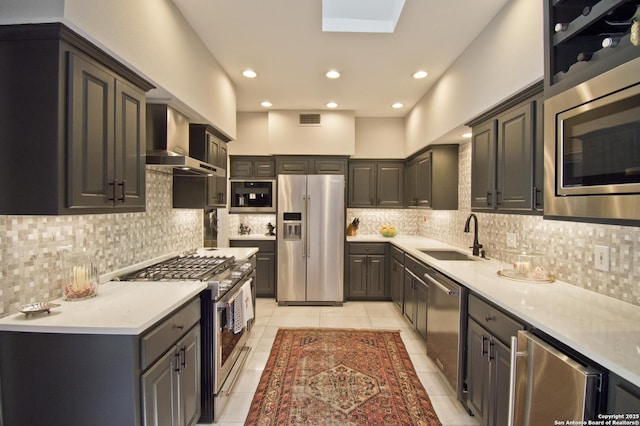 8 Kensington Ct, San Antonio, TX 78218 - kitchen featuring appliances with stainless steel finishes, a sink, wall chimney exhaust hood, backsplash, and light tile patterned floors